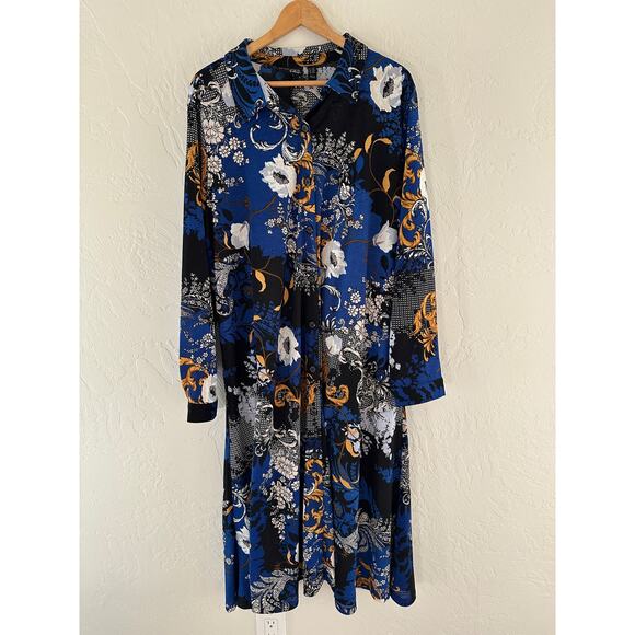 ATTITUDES by Renee Botanical Maxi Duster 2XP Lagenlook Pockets Navy Boho Career - Picture 15 of 16